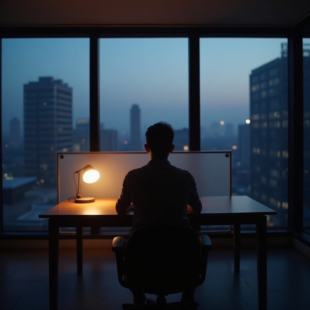 A calm, softly lit workspace representing a moment of considered financial reflection