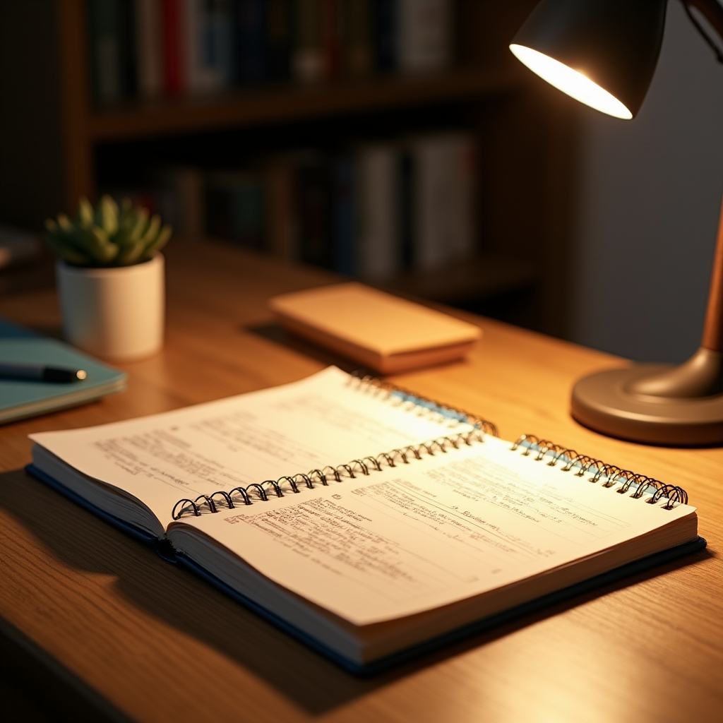 Neatly organized course materials and a notebook on a warm wooden desk in soft light