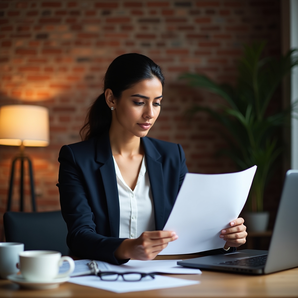 An educator reviewing educational materials thoughtfully in a warm, modern workspace