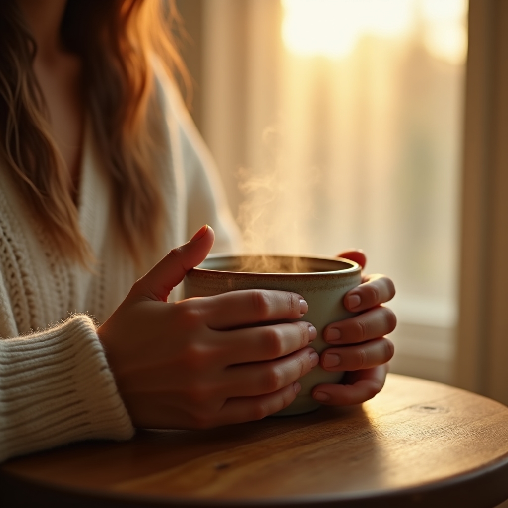 Person holding a warm coffee cup in quiet morning light, representing a mindful pause before a financial decision