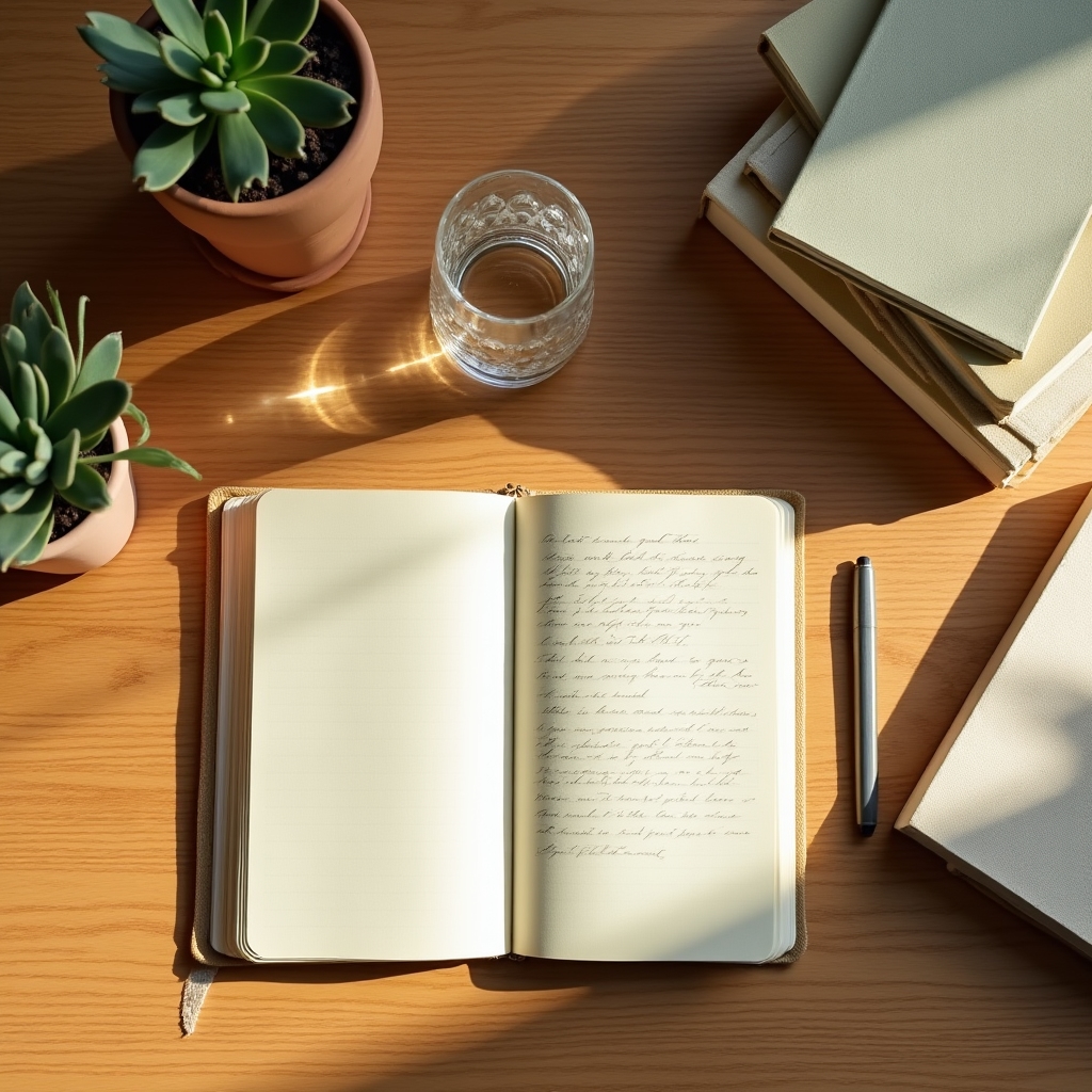 A thoughtful workspace with open notebooks and calm natural light